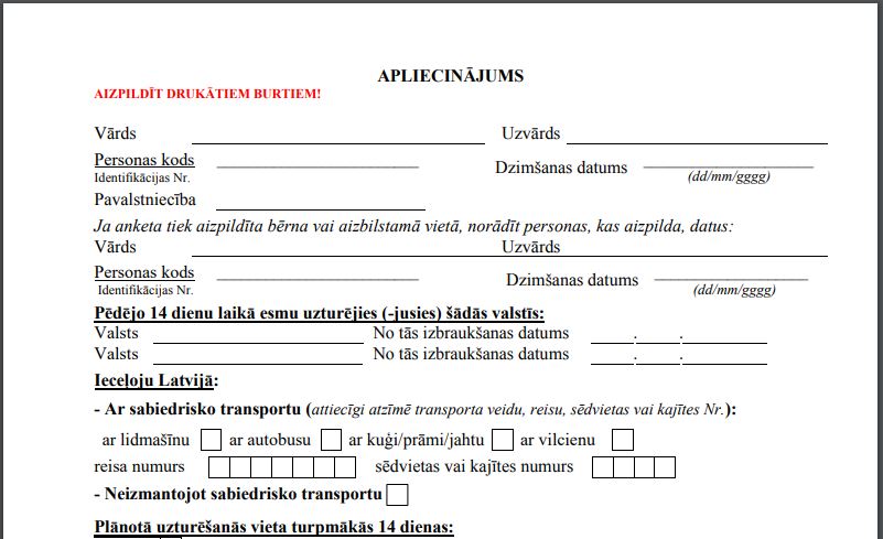 Questionnaire To Be Completed By A Person Entering Latvia Using Services Of International Carriers Iekslietu Ministrija